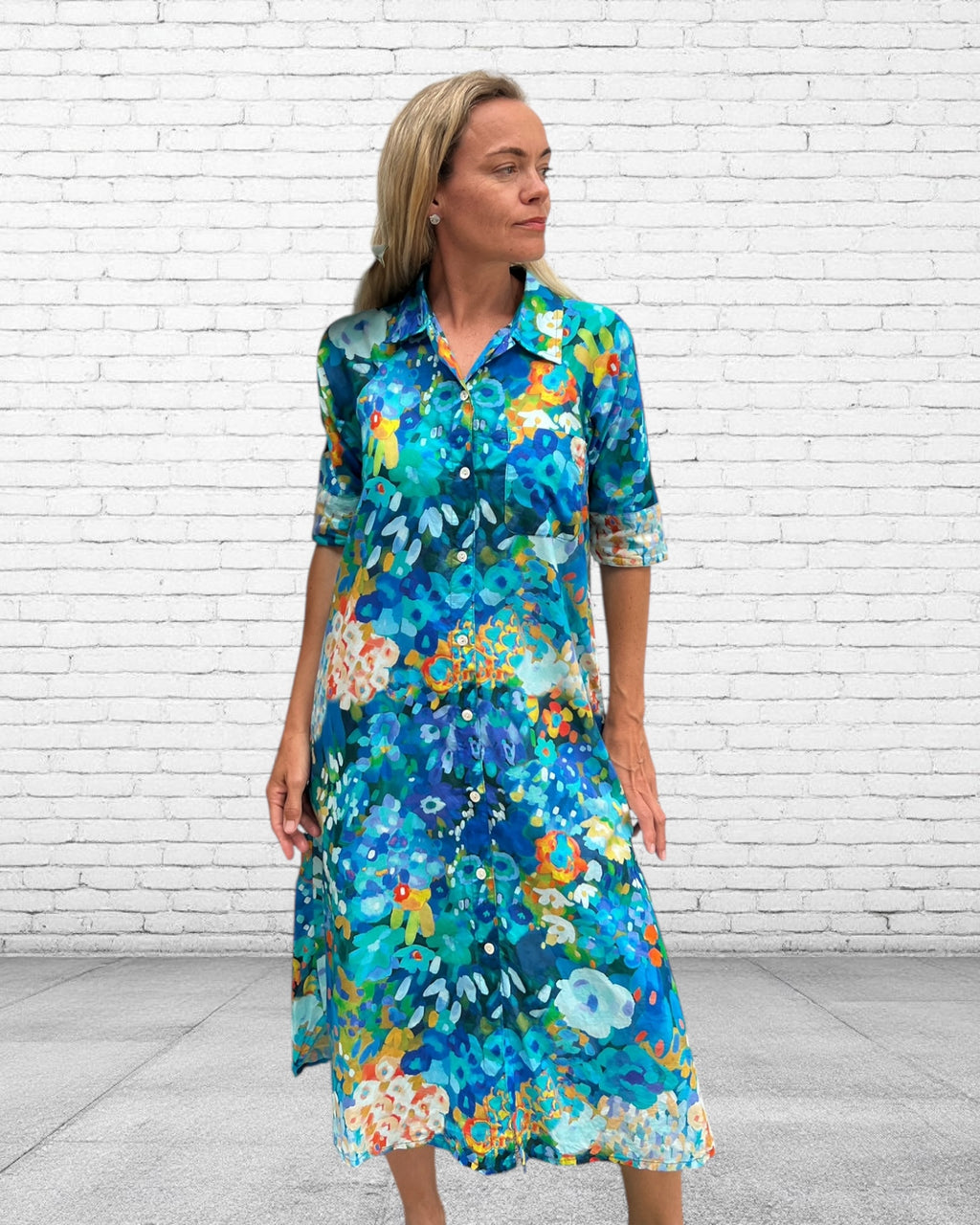Brianna pure cotton shirt dress  in  our electric blue flowers