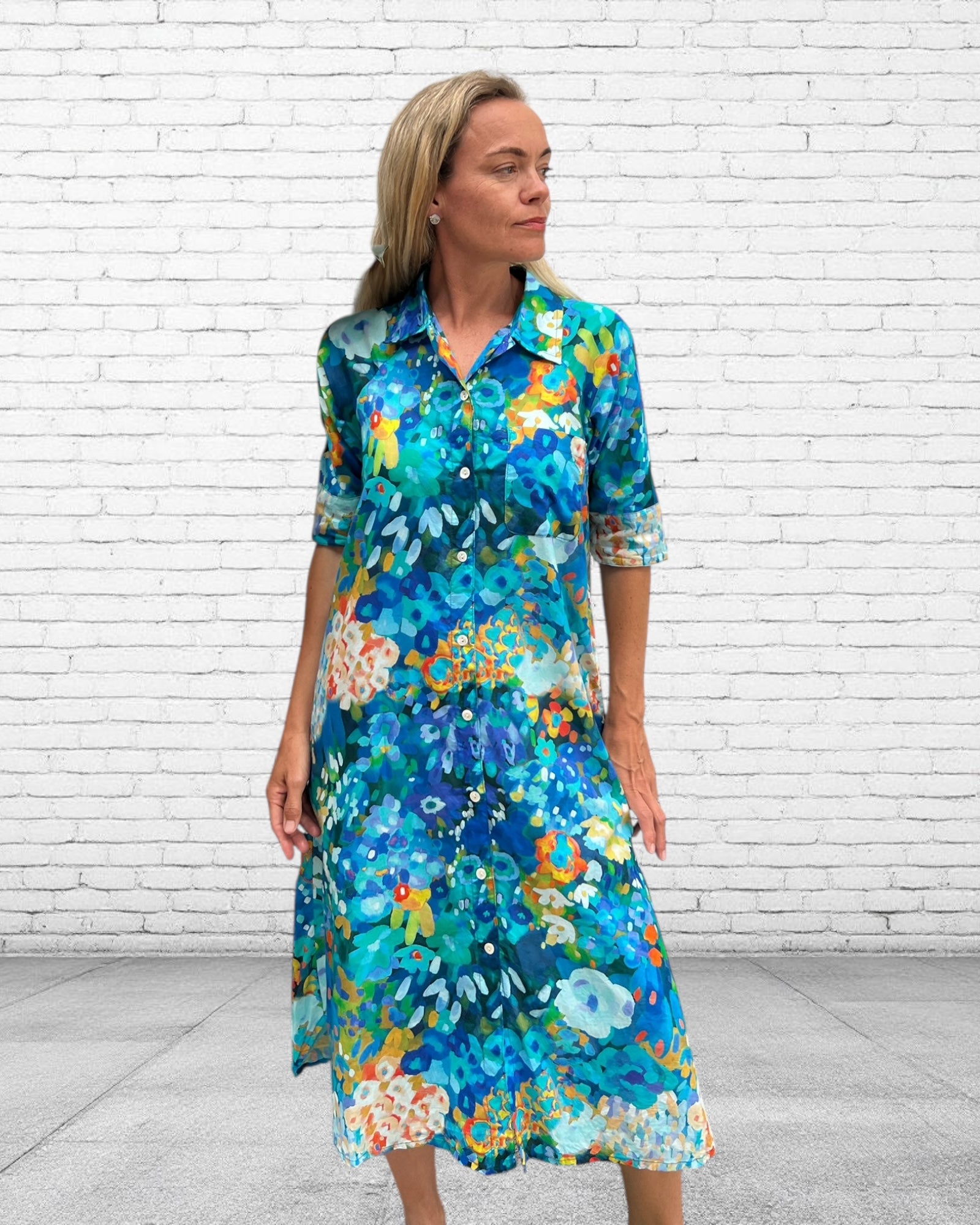 Brianna pure cotton shirt dress  in  our electric blue flowers