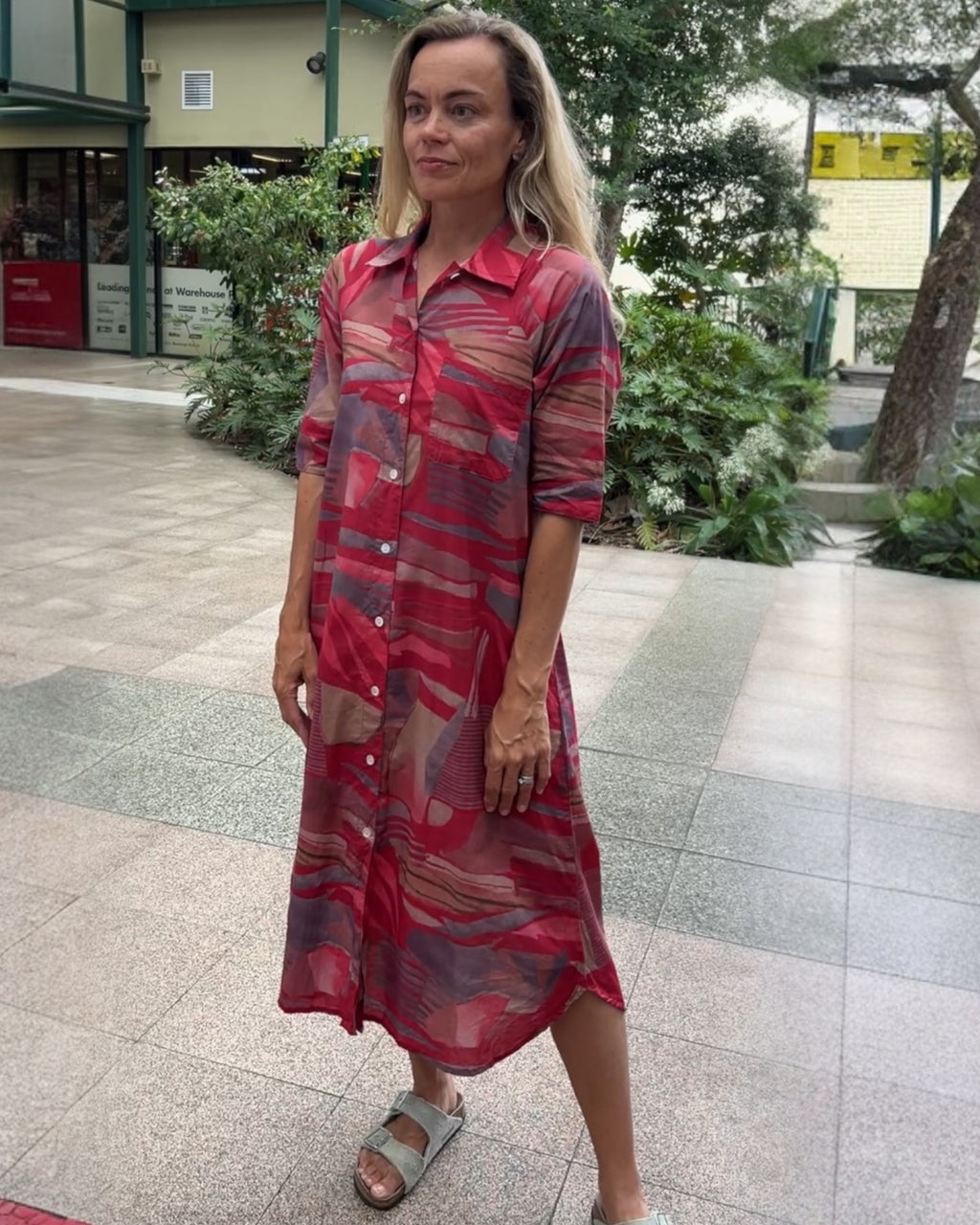 Brianna pure cotton shirt dress  in  red multi geometric print