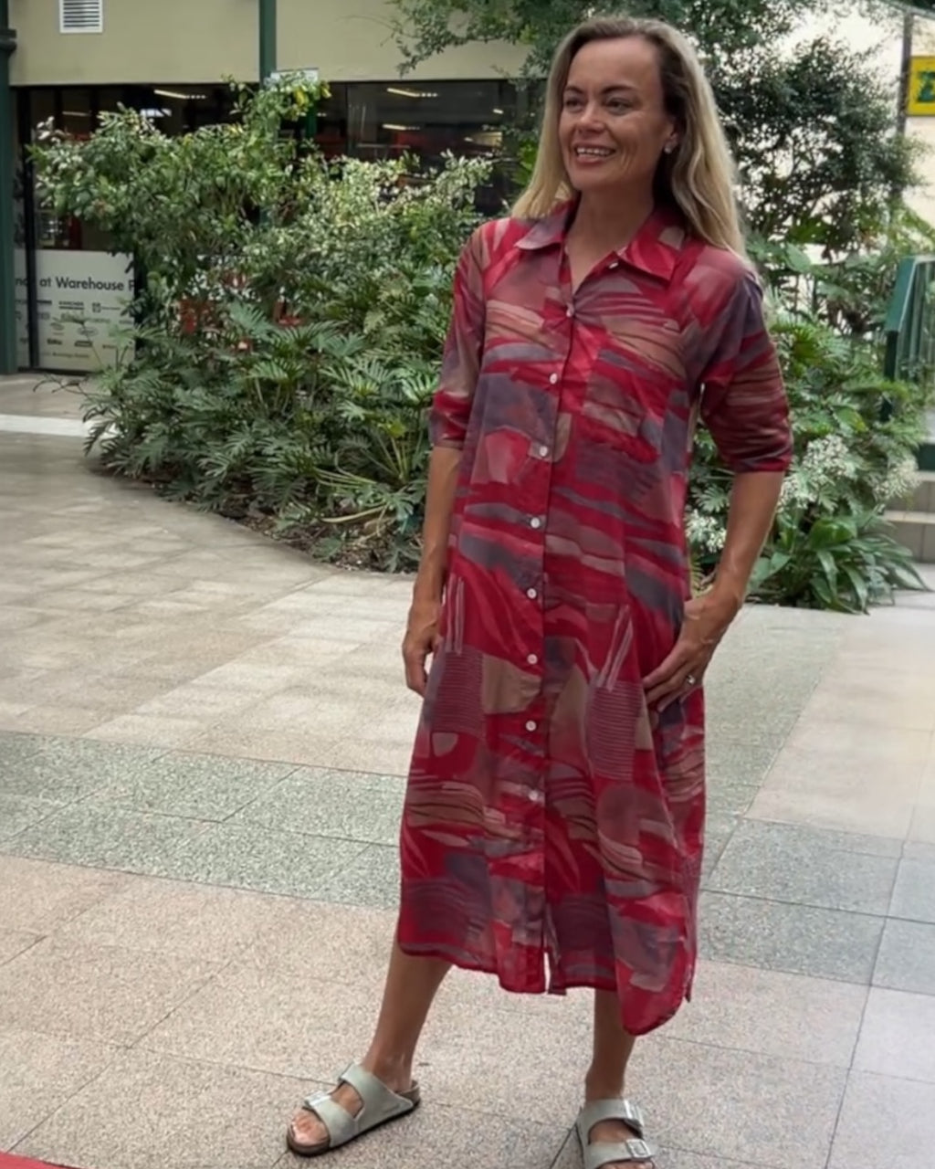 Brianna pure cotton shirt dress  in  red multi geometric print