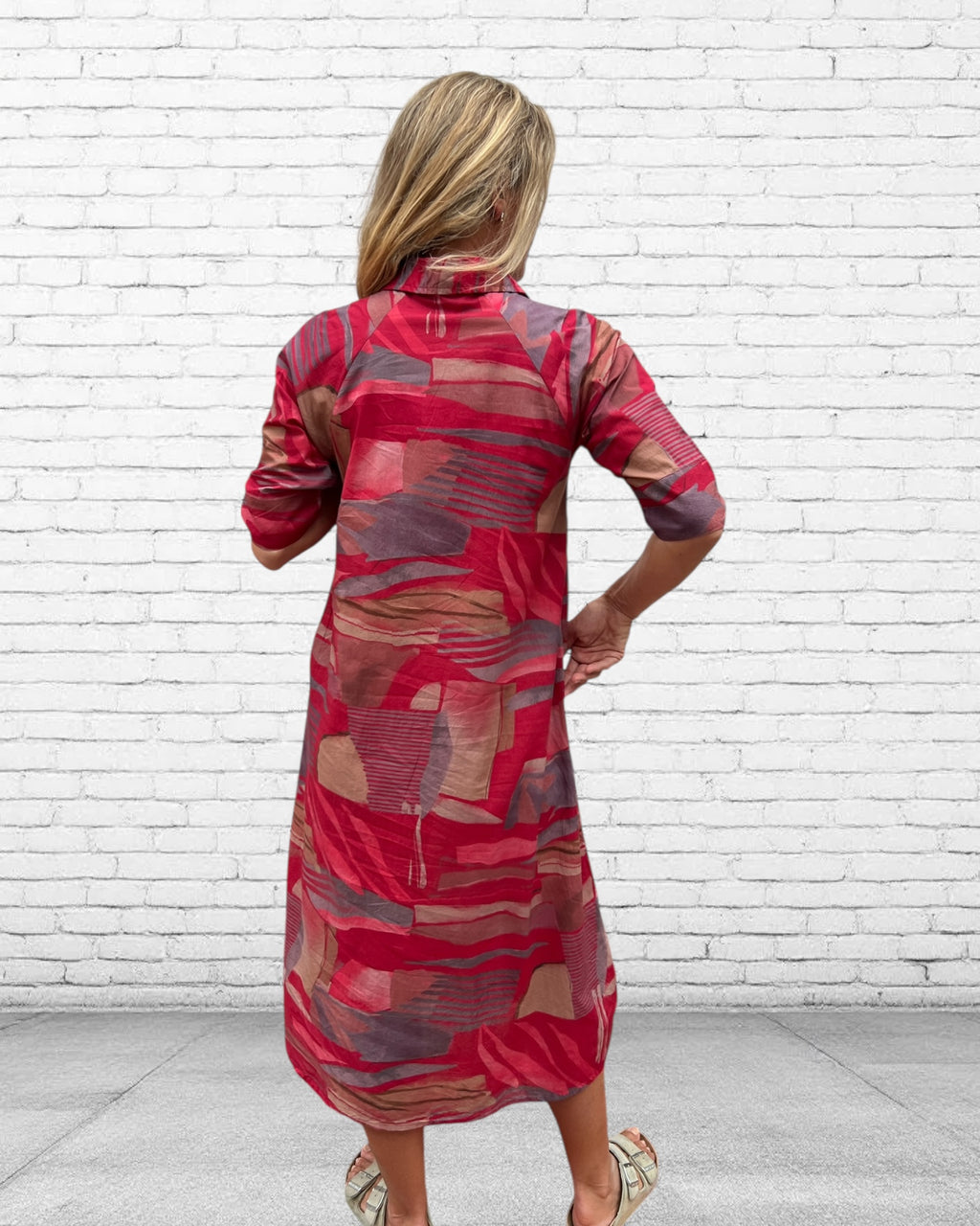 Brianna pure cotton shirt dress  in  red multi geometric print