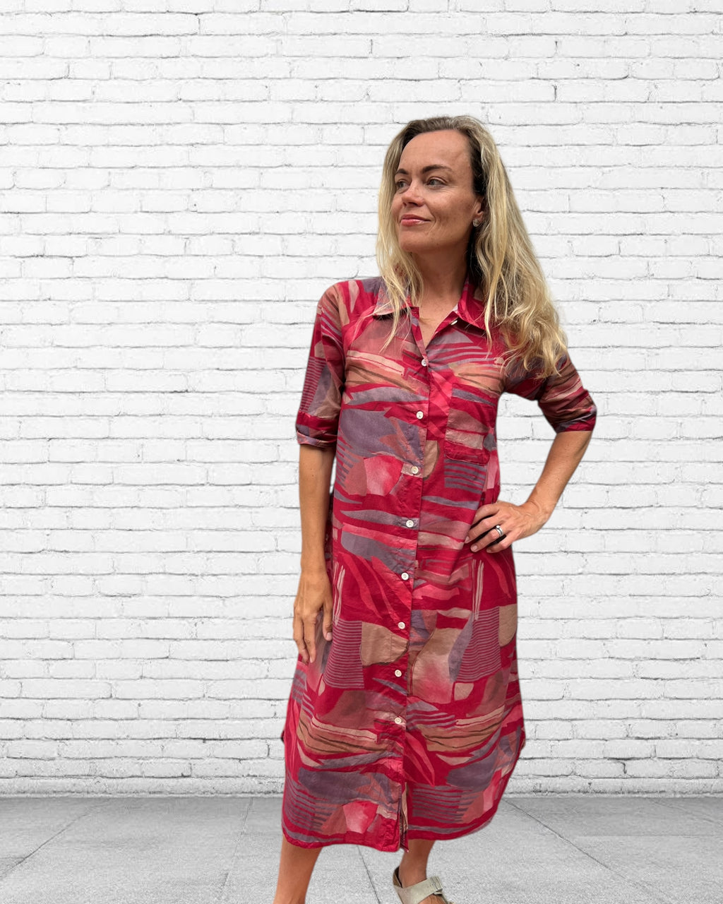 Brianna pure cotton shirt dress  in  red multi geometric print