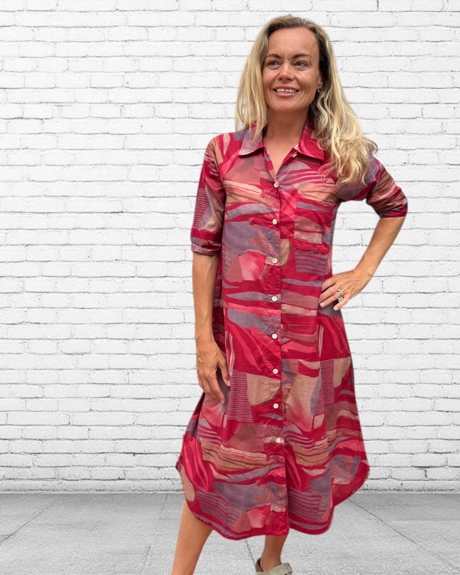 Brianna pure cotton shirt dress  in  red multi geometric print
