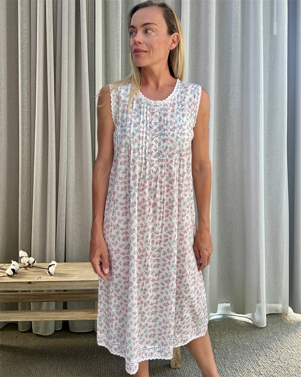 Brittany in miniature rose pure cotton sleeveless nightie