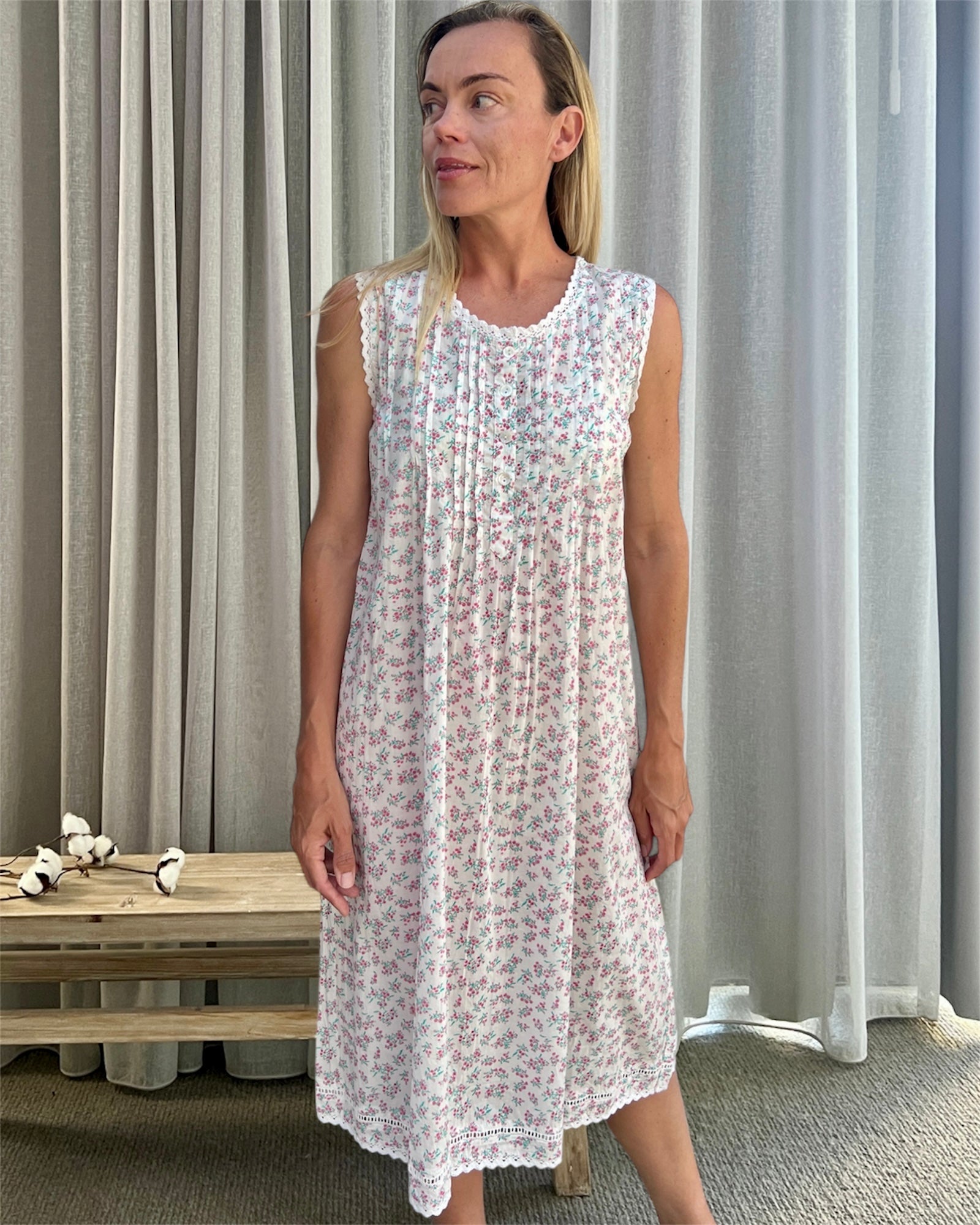 Brittany in miniature rose pure cotton sleeveless nightie