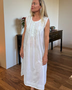 Brittany nightgown in soft blue cotton voile, sleeveless with hand embroidered roses