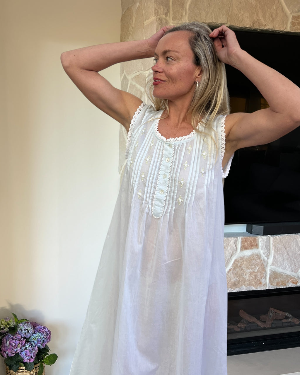 Brittany nightgown in soft blue cotton voile, sleeveless with hand embroidered roses