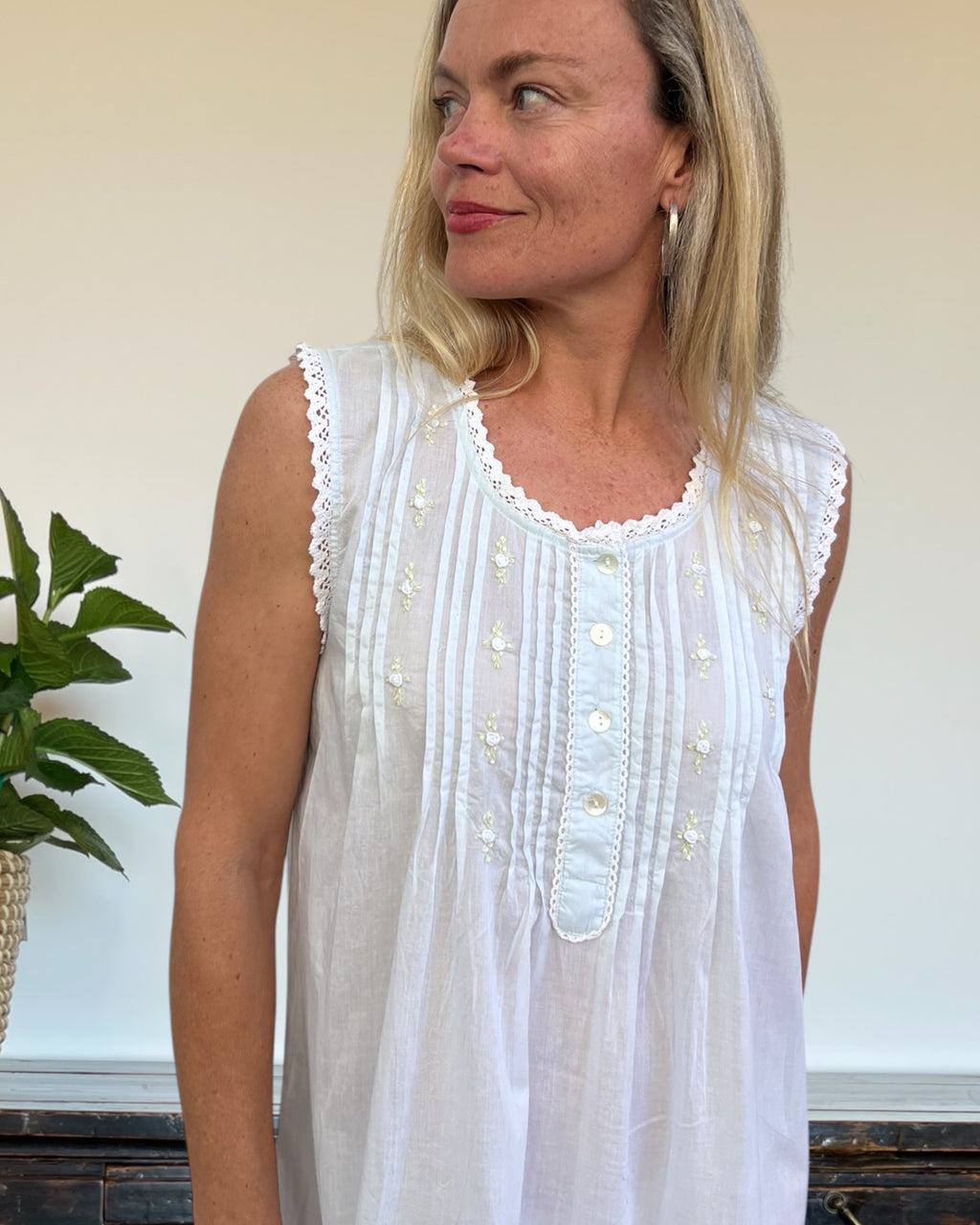 Brittany nightgown in soft blue cotton voile, sleeveless with hand embroidered roses