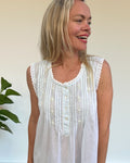 Brittany nightgown in soft blue cotton voile, sleeveless with hand embroidered roses