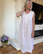 Brittany nightgown in soft pink cotton voile, sleeveless with hand embroidered roses