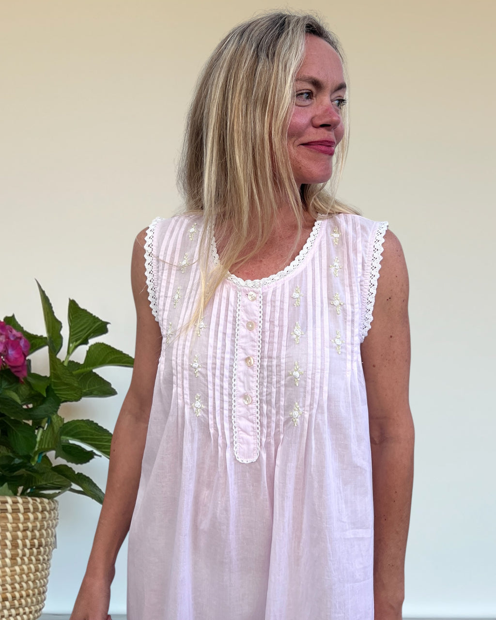 Brittany nightgown in soft pink cotton voile, sleeveless with hand embroidered roses