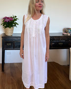 Brittany nightgown in soft pink cotton voile, sleeveless with hand embroidered roses