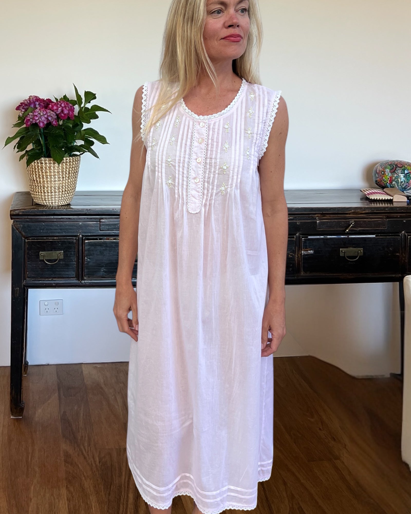 Brittany nightgown in soft pink cotton voile, sleeveless with hand embroidered roses