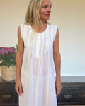 Brittany nightgown in white cotton voile, sleeveless with hand embroidered roses