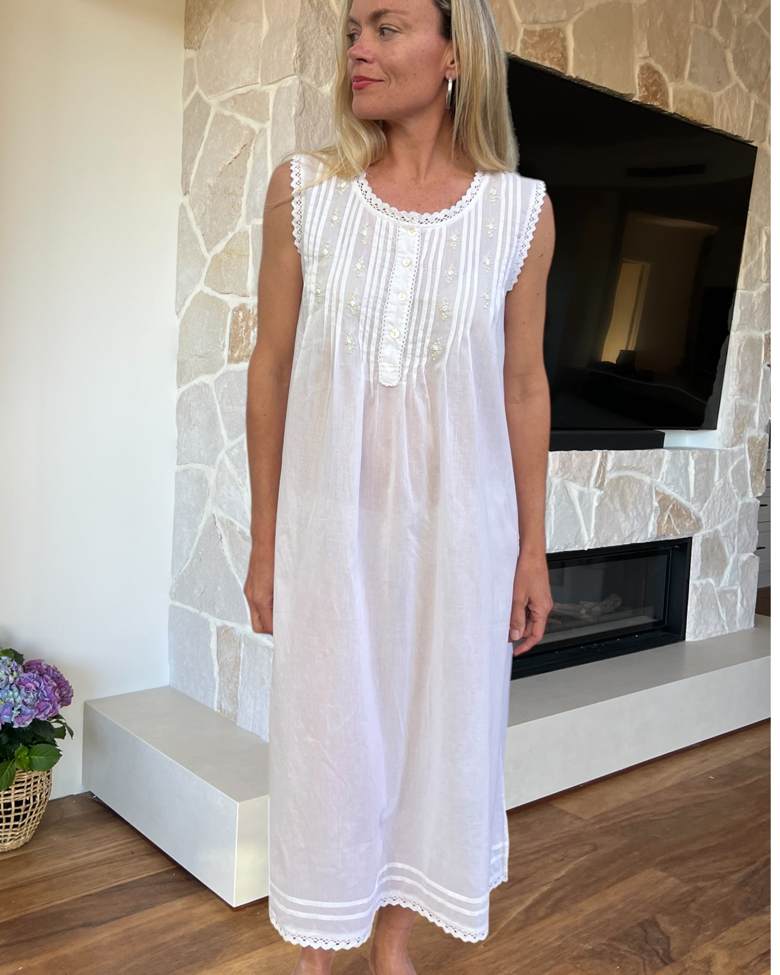 Brittany nightgown in white cotton voile, sleeveless with hand embroidered roses