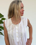 Brittany nightgown in white cotton voile, sleeveless with hand embroidered roses