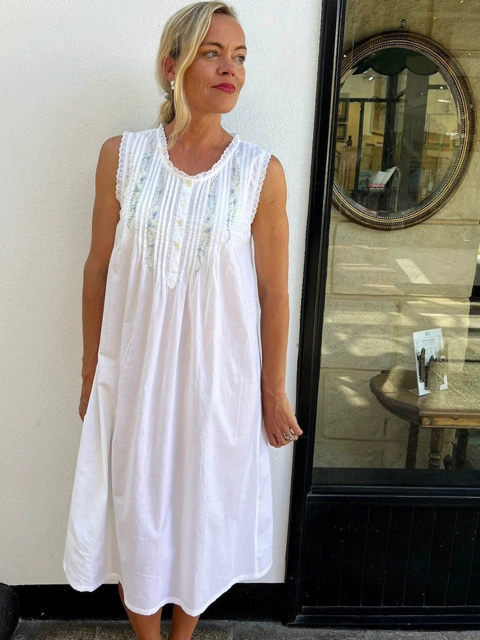 Estelle White Sleeveless Nightie With Blue Hand Embroidery