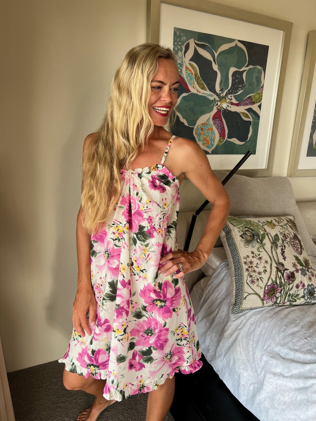Esme in Peony Pure Cotton Short Shoestring Nightie