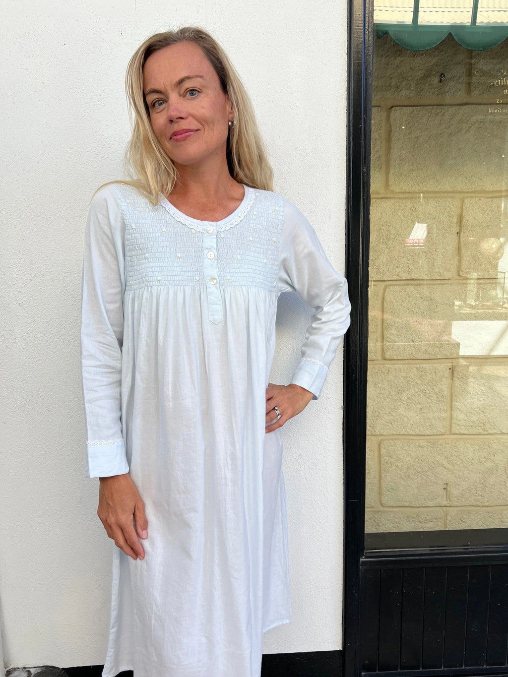 April Brushed Cotton Winceyette Shirred Soft Blue Nightgown