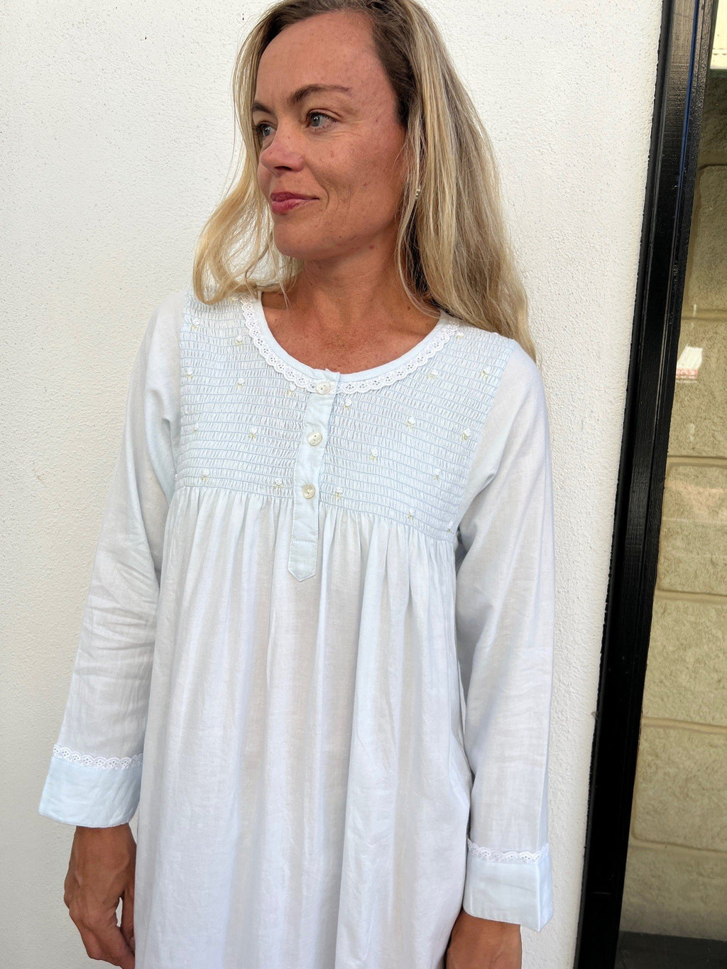 April Brushed Cotton Winceyette Shirred Soft Blue Nightgown