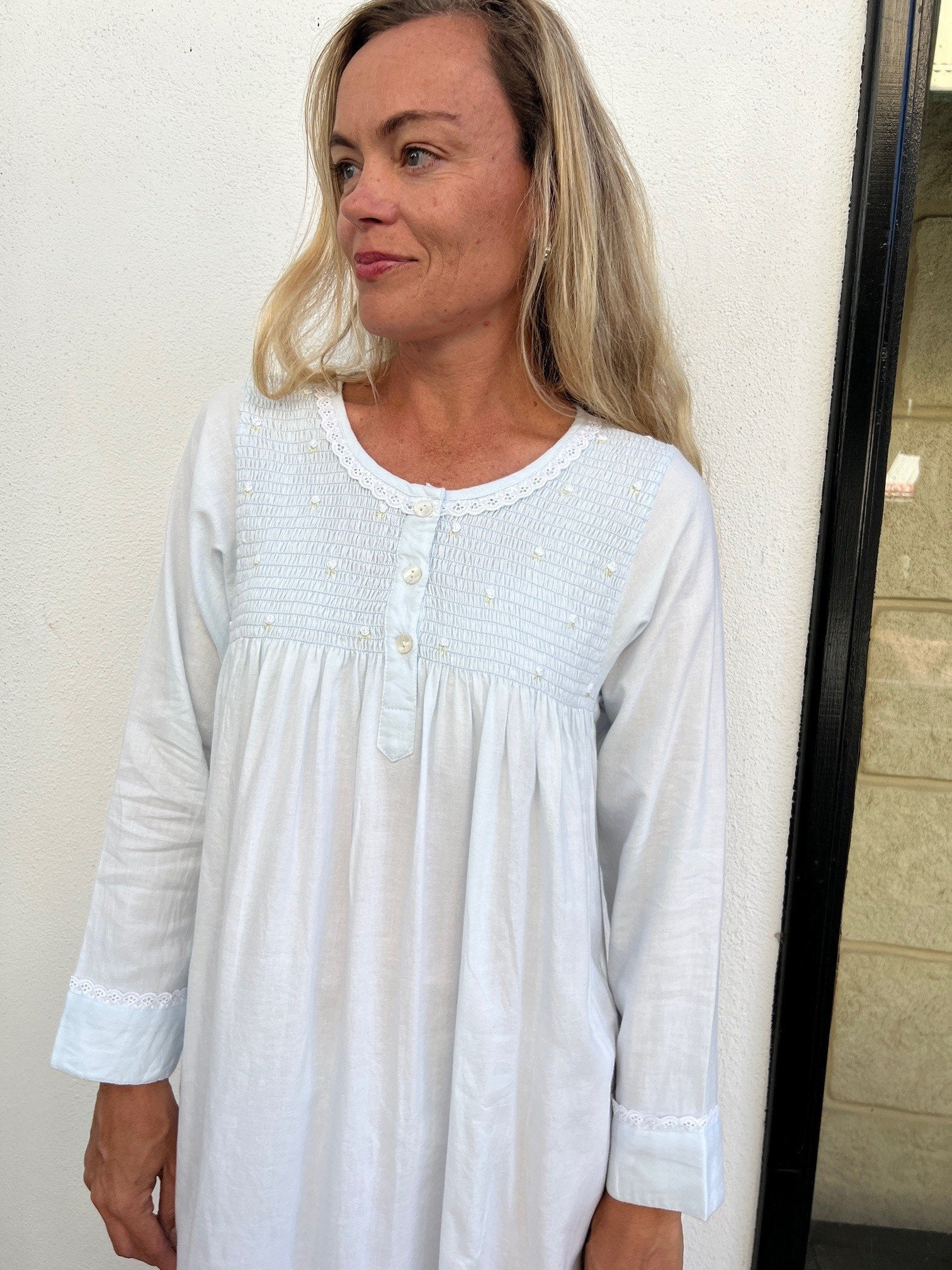 April Brushed Cotton Winceyette Shirred Soft Blue Nightgown