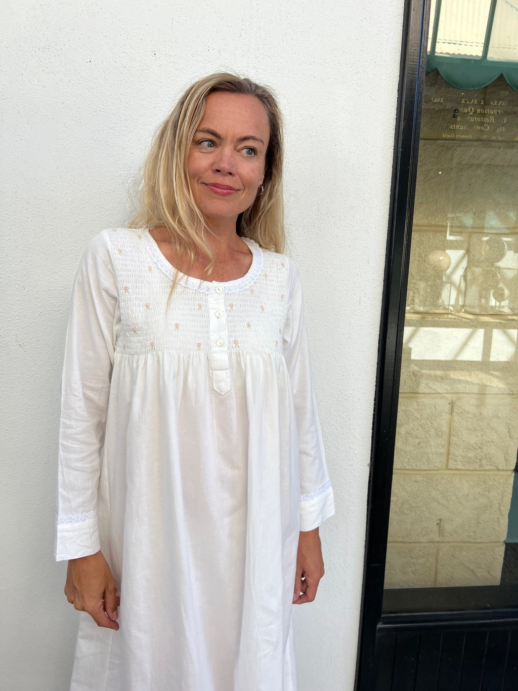 April Brushed Cotton Winceyette Shirred White Nightgown