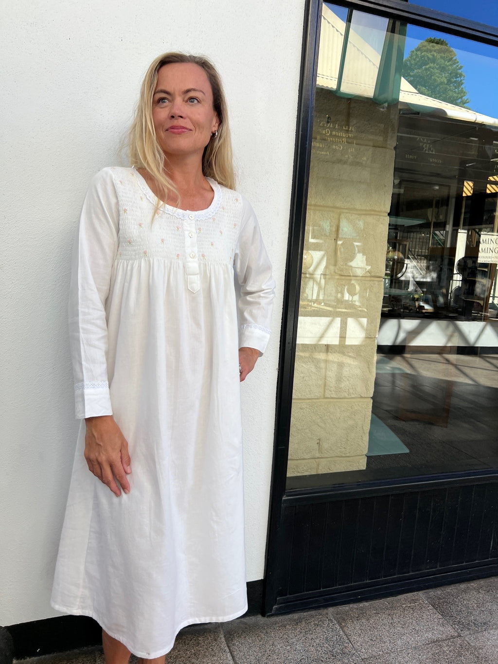 April Brushed Cotton Winceyette Shirred White Nightgown