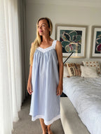 Harper in Blue stripe Cotton poplin gathered V neck Nightie with lace straps