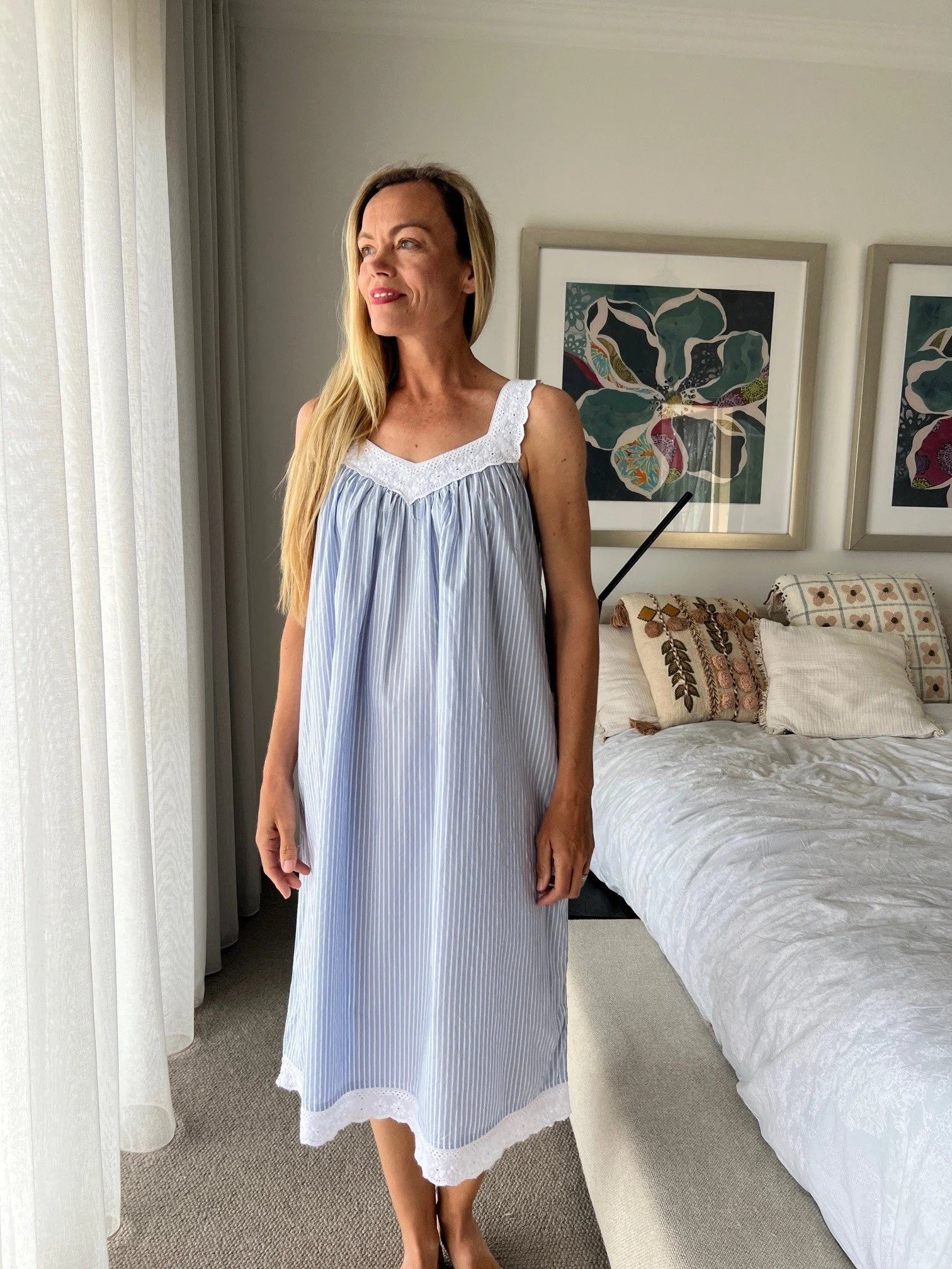 Harper in Blue stripe Cotton poplin gathered V neck Nightie with lace straps