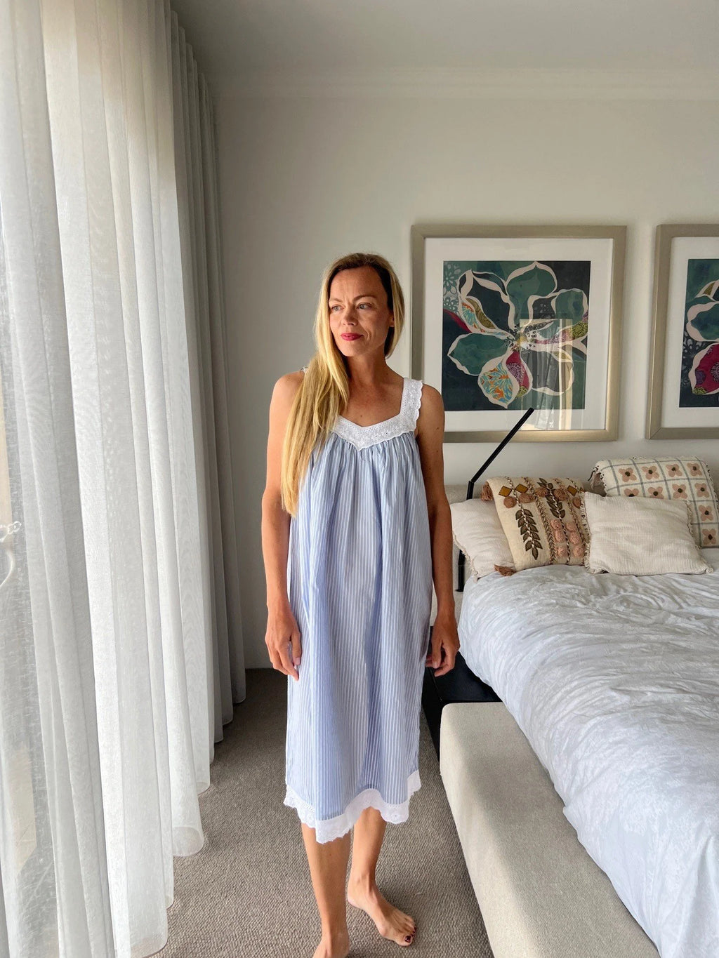 Harper in Blue stripe Cotton poplin gathered V neck Nightie with lace straps