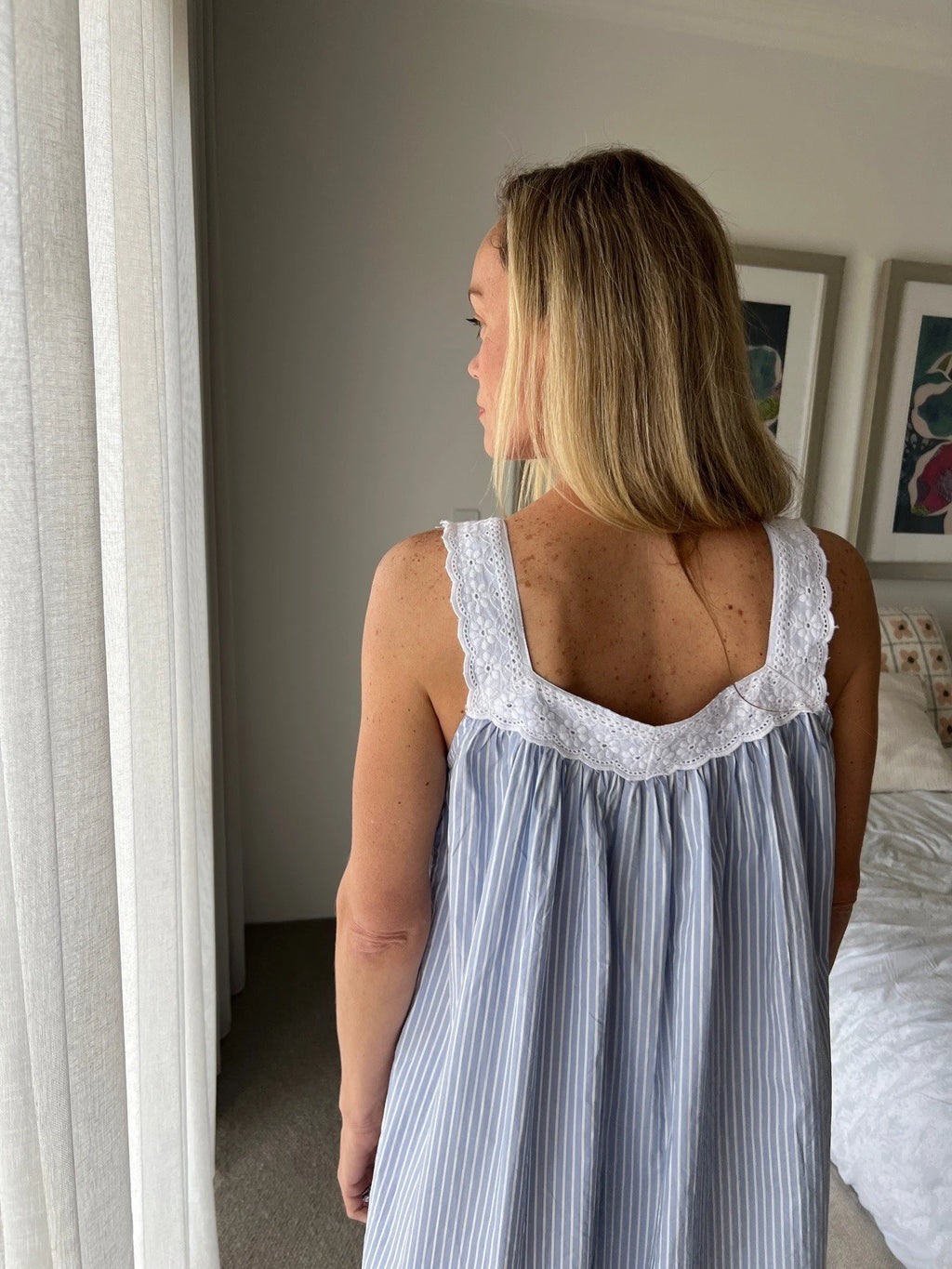 Harper in Blue stripe Cotton poplin gathered V neck Nightie with lace straps