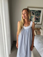 Harper in Blue stripe Cotton poplin gathered V neck Nightie with lace straps