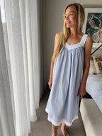 Harper in Blue stripe Cotton poplin gathered V neck Nightie with lace straps