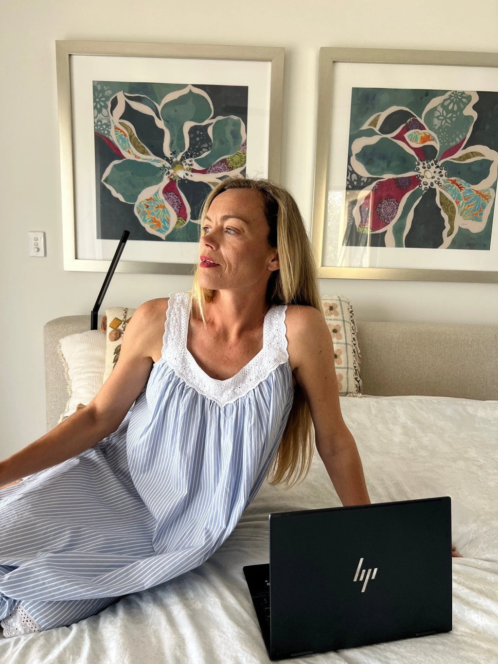 Harper in Blue stripe Cotton poplin gathered V neck Nightie with lace straps