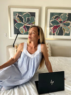 Harper in Blue stripe Cotton poplin gathered V neck Nightie with lace straps