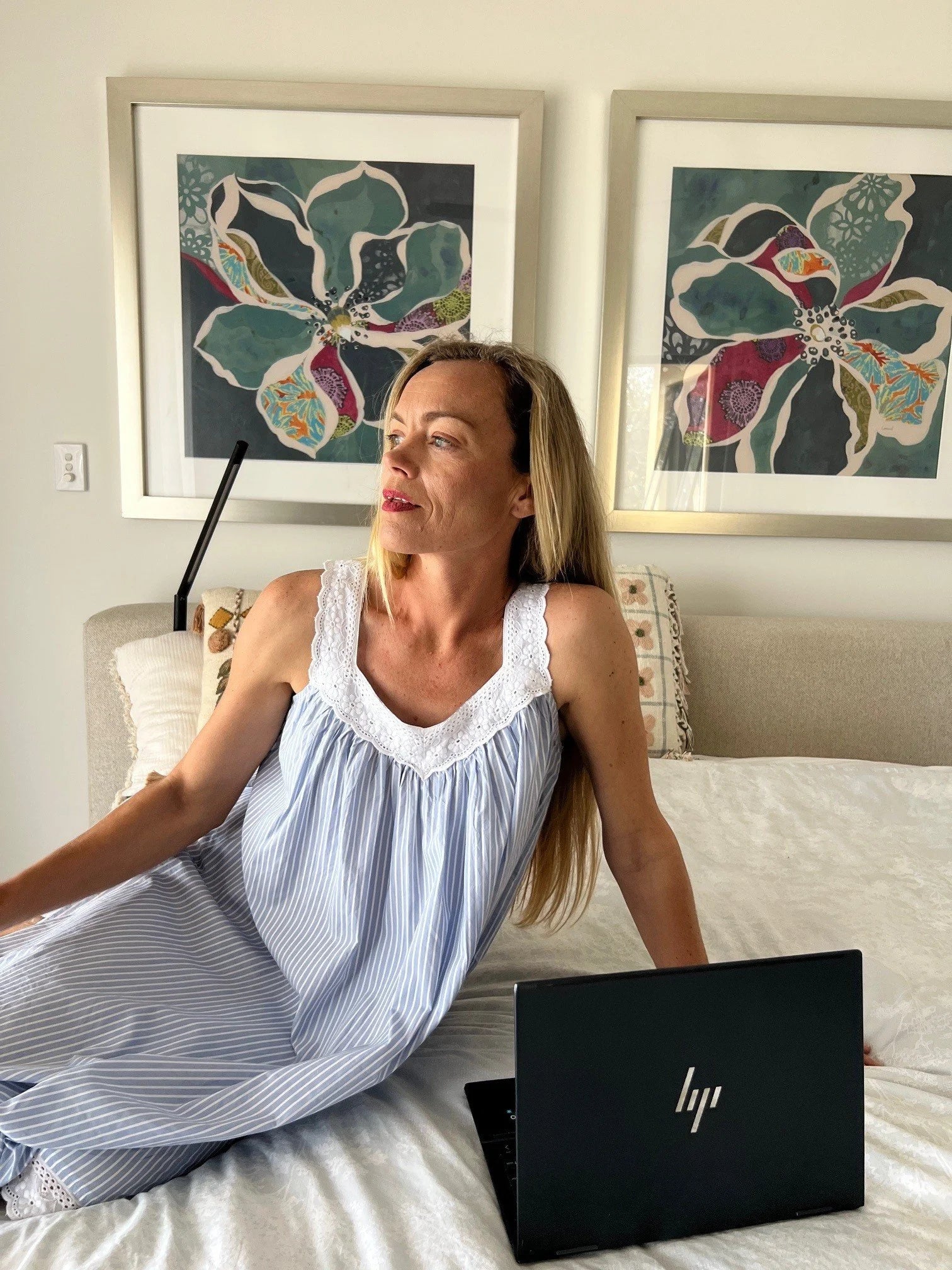 Harper in Blue stripe Cotton poplin gathered V neck Nightie with lace straps