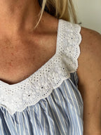 Harper in Blue stripe Cotton poplin gathered V neck Nightie with lace straps