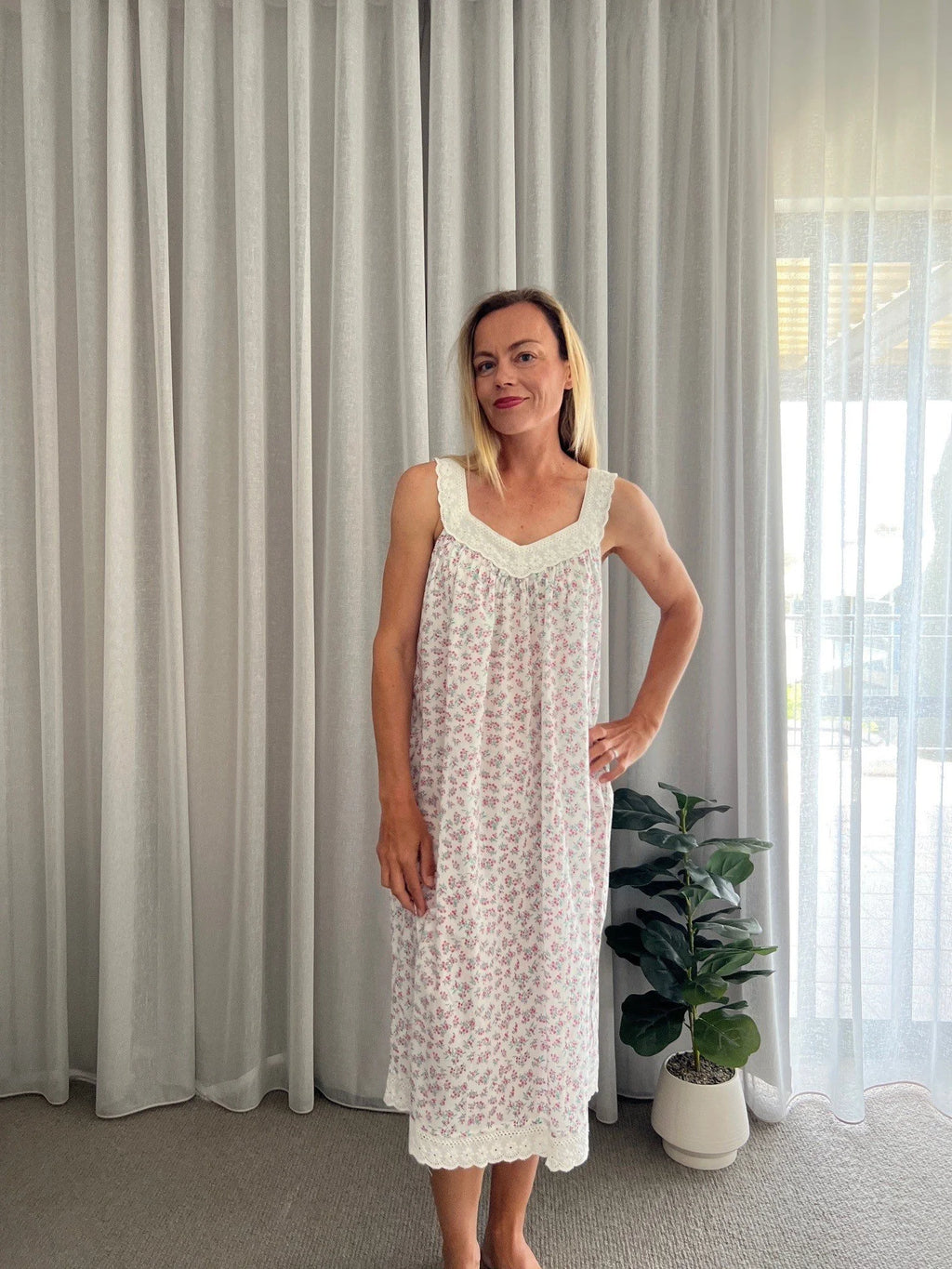 Harper in miniature rose Pure Cotton gathered V neck Nightie with lace straps