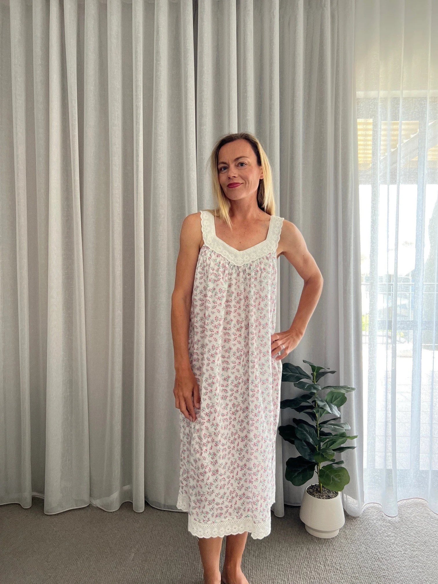 Harper in miniature rose Pure Cotton gathered V neck Nightie with lace straps