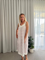 Harper in miniature rose Pure Cotton gathered V neck Nightie with lace straps