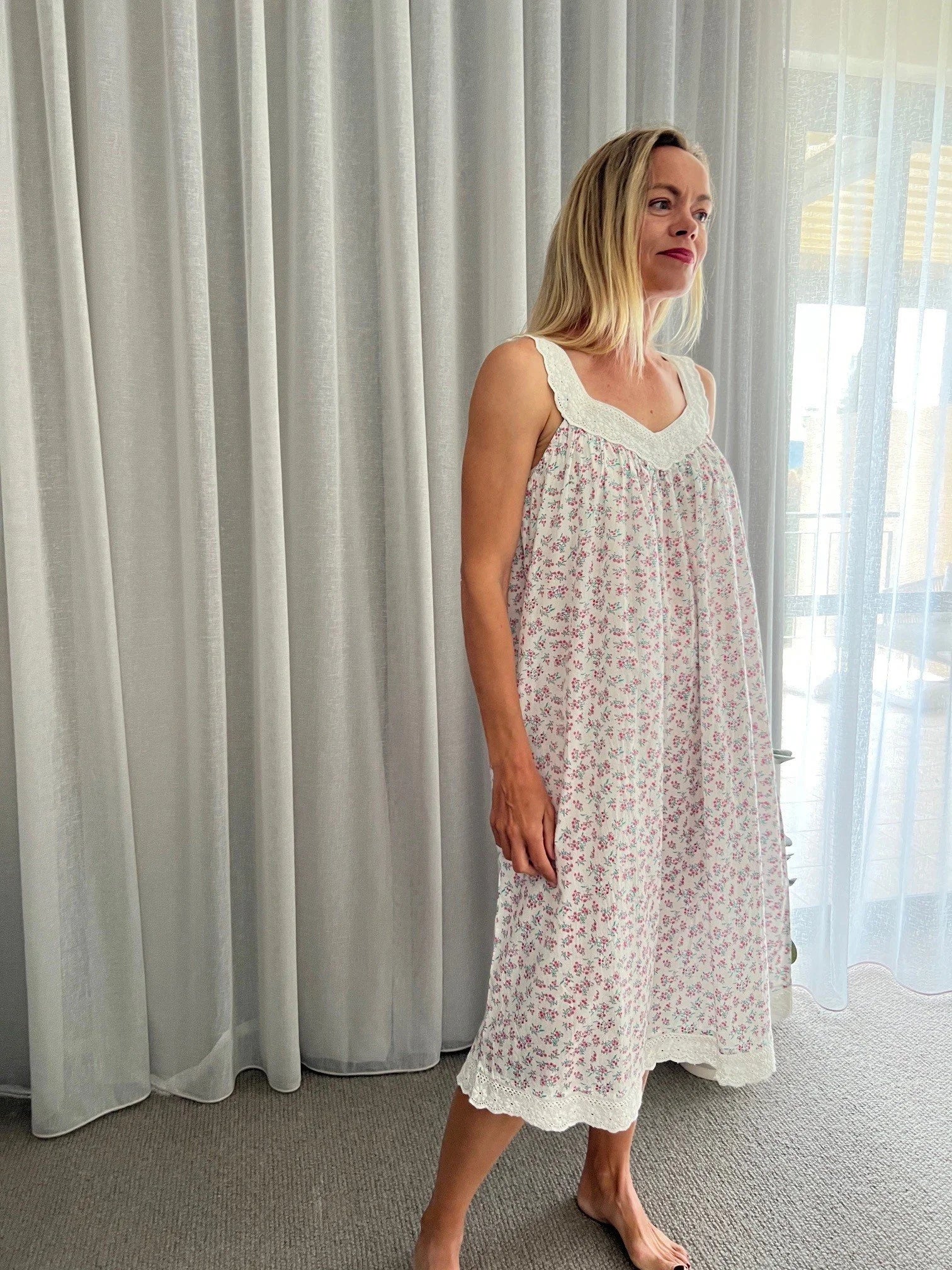 Harper in miniature rose Pure Cotton gathered V neck Nightie with lace straps