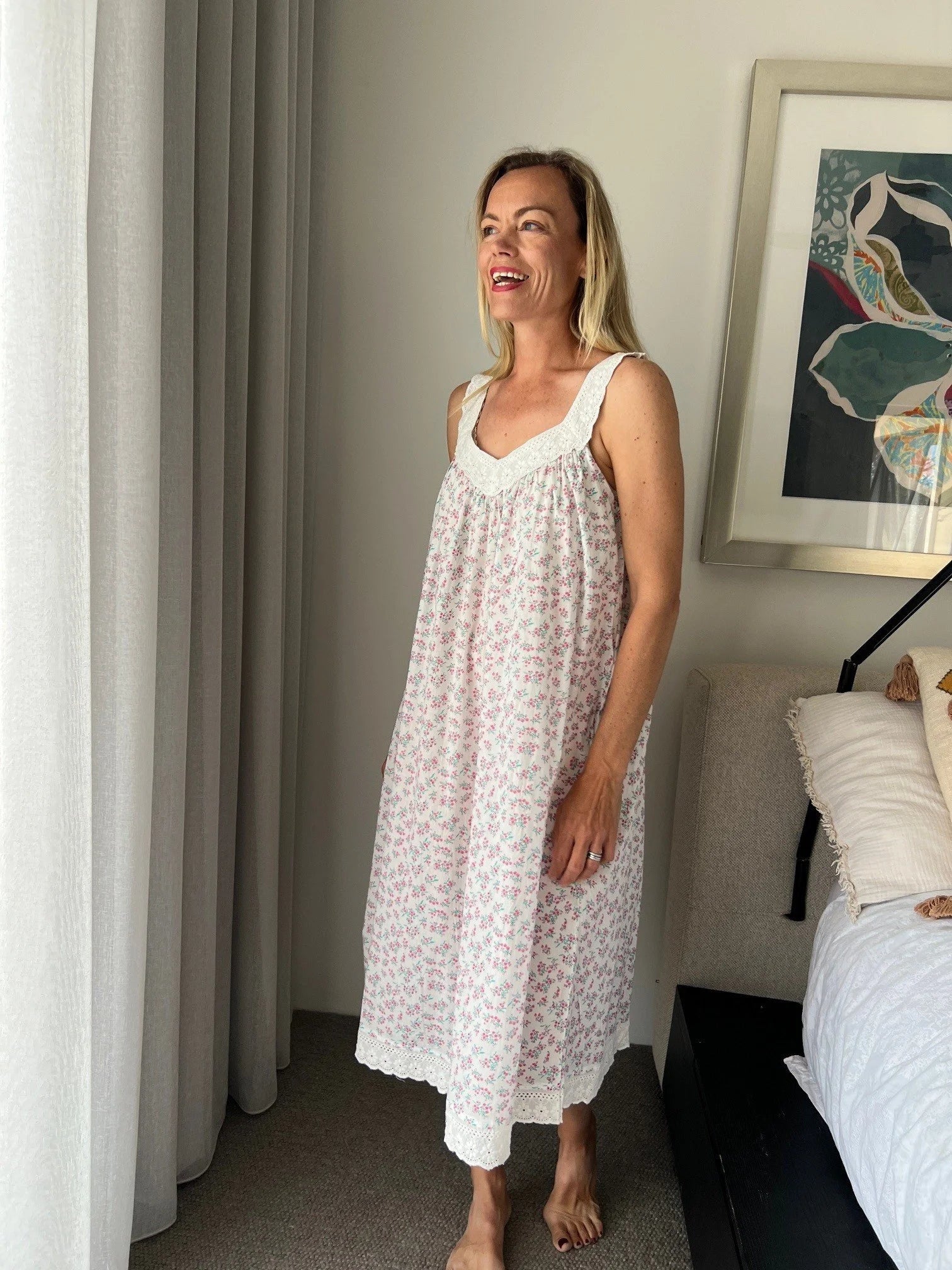 Harper in miniature rose Pure Cotton gathered V neck Nightie with lace straps