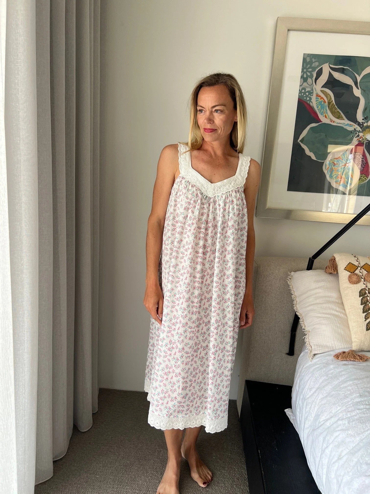 Harper in miniature rose Pure Cotton gathered V neck Nightie with lace straps