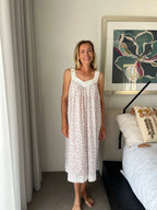 Harper in miniature rose Pure Cotton gathered V neck Nightie with lace straps