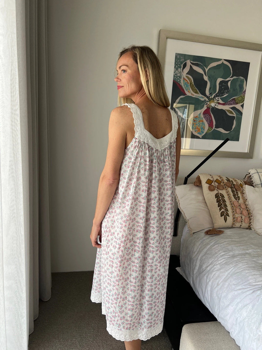 Harper in miniature rose Pure Cotton gathered V neck Nightie with lace straps