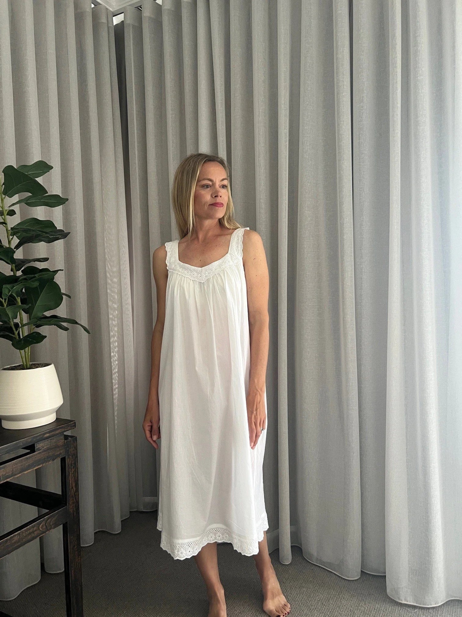 Harper White Pure Cotton gathered V neck Nightie with lace straps