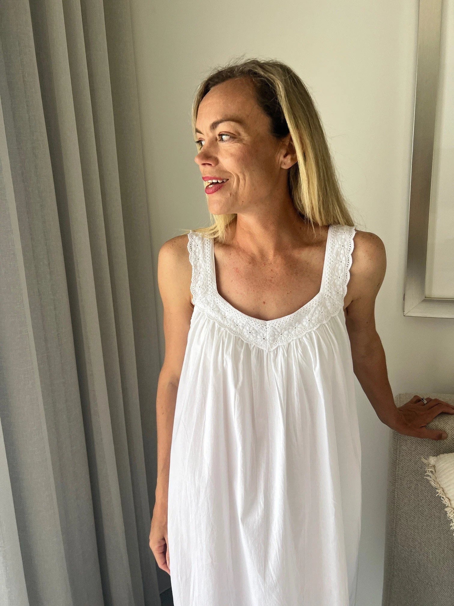 Harper White Pure Cotton gathered V neck Nightie with lace straps