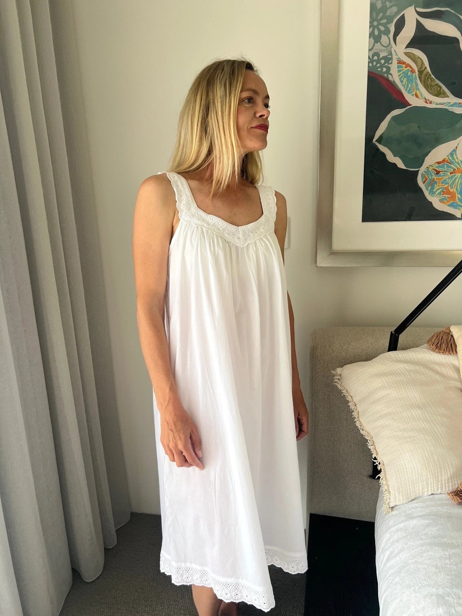 Harper White Pure Cotton gathered V neck Nightie with lace straps