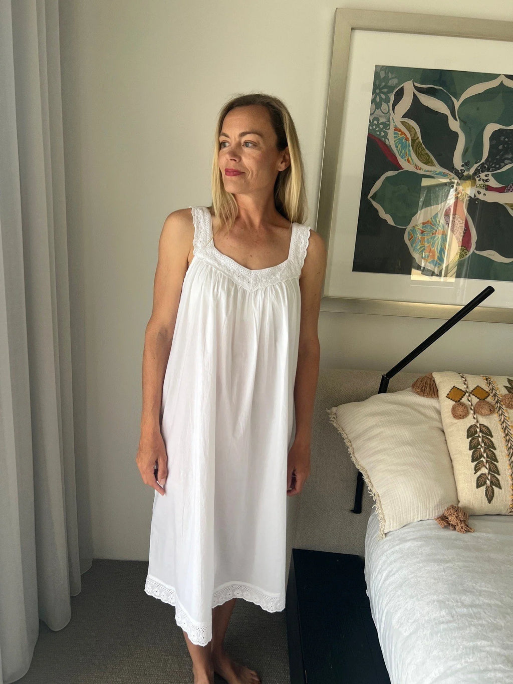 Harper White Pure Cotton gathered V neck Nightie with lace straps