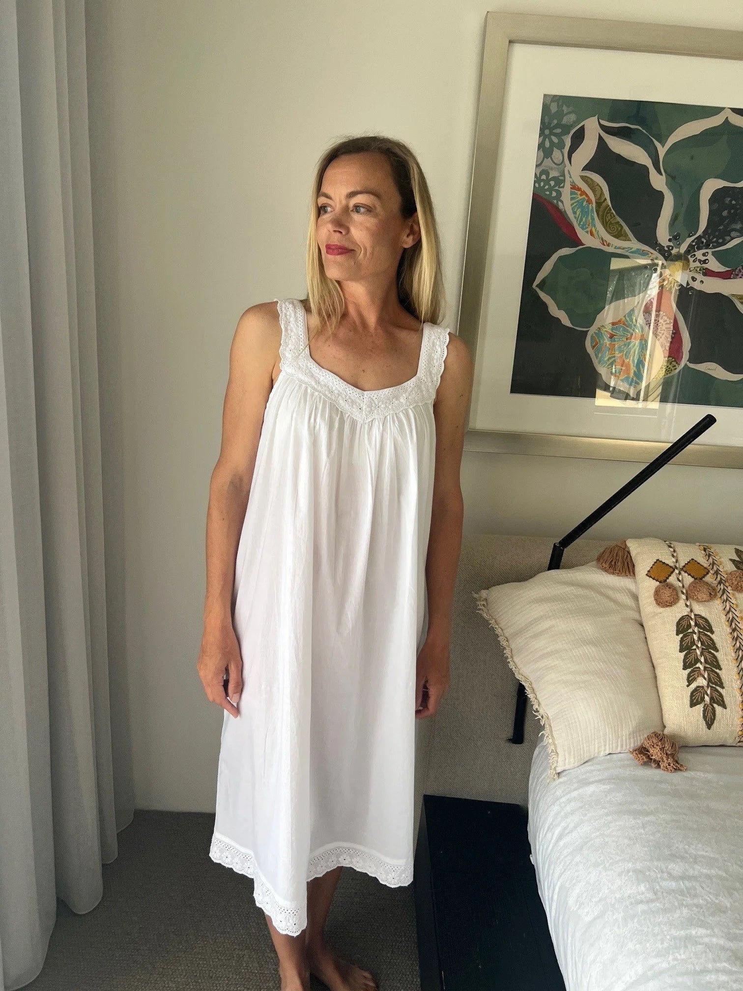 Harper White Pure Cotton gathered V neck Nightie with lace straps